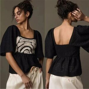 Anthropologie Sarah Hann Flutter Sleeve Crochet Top Black Small